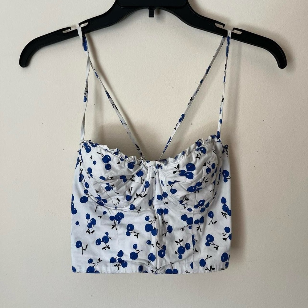 White and Blue Ruched Bustier Crop Top